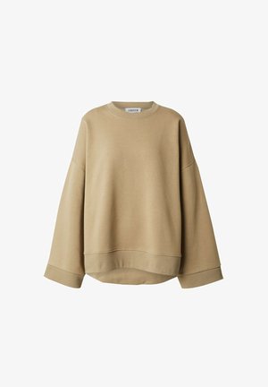 Beige Sweatshirt aus weichem Stoff, mit lockerer Passform, überschnittenen Schultern und geripptem Kragen sowie Bündchen. Einfaches, minimalistisches Design.