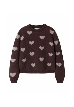 Pull en maille à manches longues violet foncé avec des motifs de cœurs violet clair répartis sur le devant, les manches et le dos.