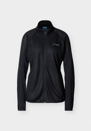 Svart, lett jakke med hel glidelås, lange ermer, oppstående krage og "Columbia Titanium"-logo på venstre bryst.