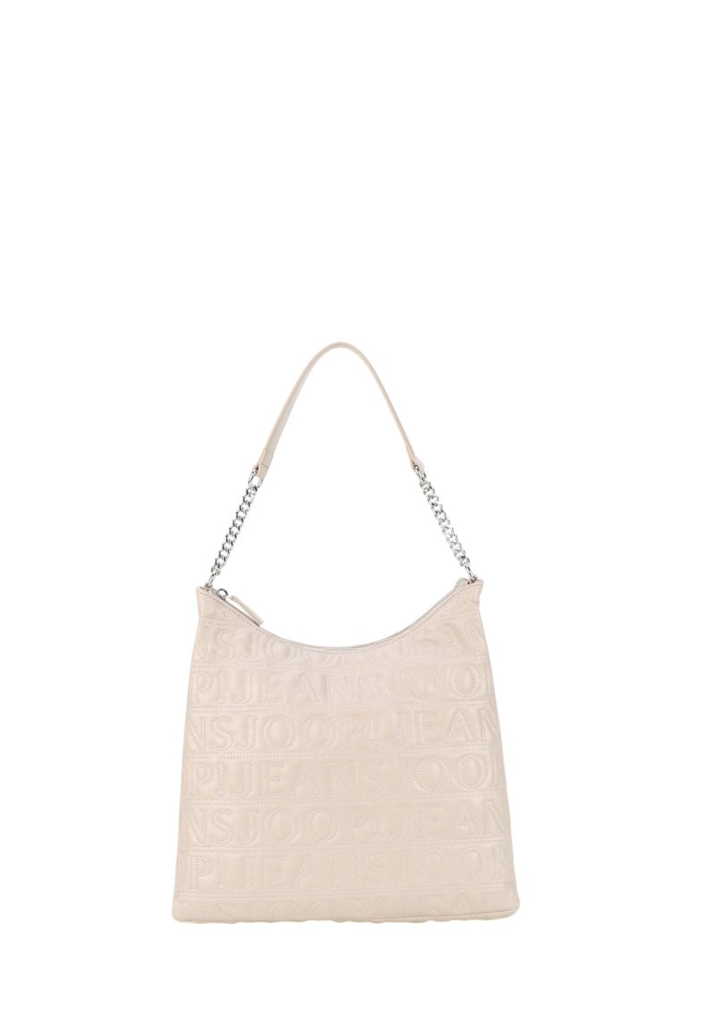Borsa a spalla beige con motivo a logo testurizzato, caratterizzata da una forma curva, tracolla con catena e chiusura a zip per una conservazione sicura.