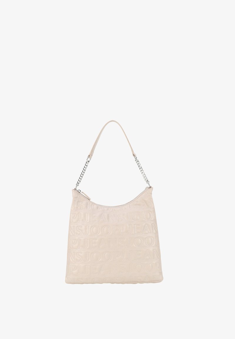 Borsa a spalla beige con motivo a logo testurizzato, caratterizzata da una forma curva, tracolla con catena e chiusura a zip per una conservazione sicura.
