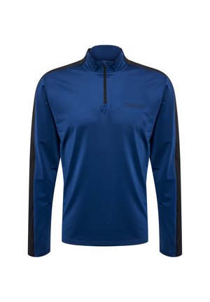 Royal blue long-sleeve pullover with a half-zip collar, black side panels, and subtle logo detailing on the chest. Smooth fabric texture.