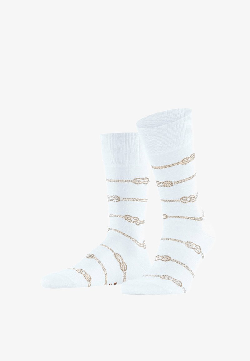 Chaussettes blanches montantes avec des motifs horizontaux marron clair ressemblant à des cordes nouées, espacés régulièrement autour.