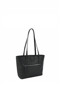 Borsa tote in pelle nera con finitura testurizzata, manici lunghi e tasca frontale con zip. Forma rettangolare semplice per una facile conservazione.