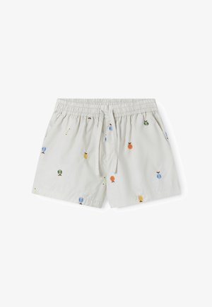 Jasnobeżowe szorty z elastycznym pasem i sznurkiem, ozdobione wielokolorowymi haftowanymi motywami owoców, wyposażone w boczne kieszenie.