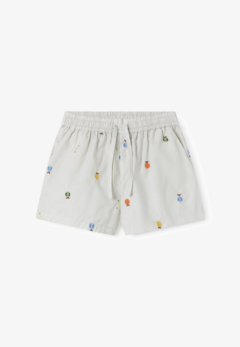 Helle beige Shorts mit elastischem Bund, Kordelzug und mehrfarbigen, gestickten Fruchtmotiven, mit seitlichen Taschen.