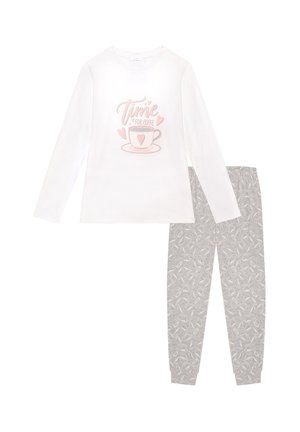 Witte lange mouwen top met een "Tijd voor Koffie" graphic, gecombineerd met grijze pyjamabroek met een koffie kop patroon. Zachte stof.