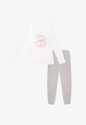 Witte lange mouwen top met een "Tijd voor Koffie" graphic, gecombineerd met grijze pyjamabroek met een koffie kop patroon. Zachte stof.