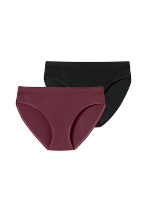 Two pairs of women’s brief underwear; one maroon and one black, made from soft fabric, featuring a classic cut and elasticated waistbands.