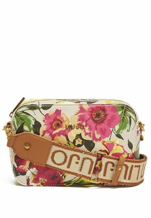 Crossbody-taske med blomsterprint med pink og gule blomster, grønne blade, gyldt "Liu Jo"-logo og beige strop i stof med brun tekst.