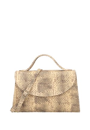 Sac à main beige et marron à motif peau de serpent avec poignée supérieure, sangle d'épaule réglable et fermeture à rabat incurvé.