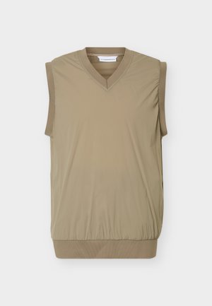 Sleeveless beige vest with V-neck, ribbed hem and armholes, made from smooth fabric, displayed flat on a white background.