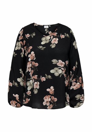 Blusa nera con motivo floreale in rosa e crema. Maniche lunghe con vestibilità comoda e scollatura rotonda. Materiale leggero.