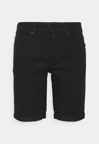 Shorts en denim noir avec ourlets roulés, bouton frontal, passants de ceinture, et style à cinq poches sur fond blanc uni.