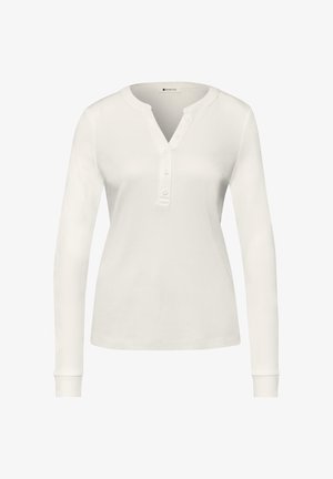 Witte lange mouwen henley shirt met een ronde halslijn en een rij van vijf knopen in het midden aan de voorkant.