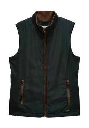 Ärmellose dunkelgrüne Weste mit braun gefüttertem Kragen, Frontreißverschluss und zwei Reißverschlusstaschen auf jeder Seite.