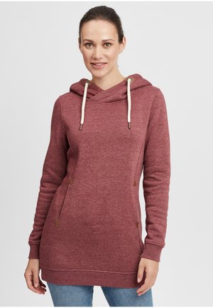 Röd melerad lång hoodie med snörning, sidodetaljer och avslappnad passform. Har långa ärmar och ribbad fåll för komfort.