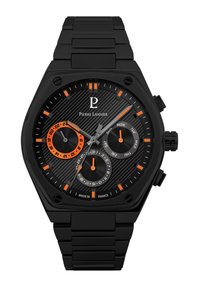 Svart kronografklocka med oktagonal klockkropp, texturerad svart urtavla, orange detaljer, armband av rostfritt stål och tre underdials.