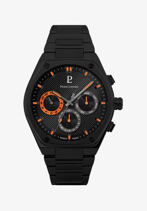Sort kronograf ur med oktagonal kasse, struktureret sort urskive, orange detaljer, armbånd i rustfrit stål og tre undermålere.