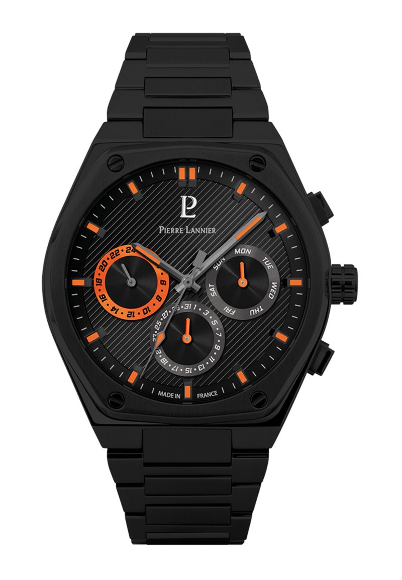Svart kronografklocka med oktagonal klockkropp, texturerad svart urtavla, orange detaljer, armband av rostfritt stål och tre underdials.