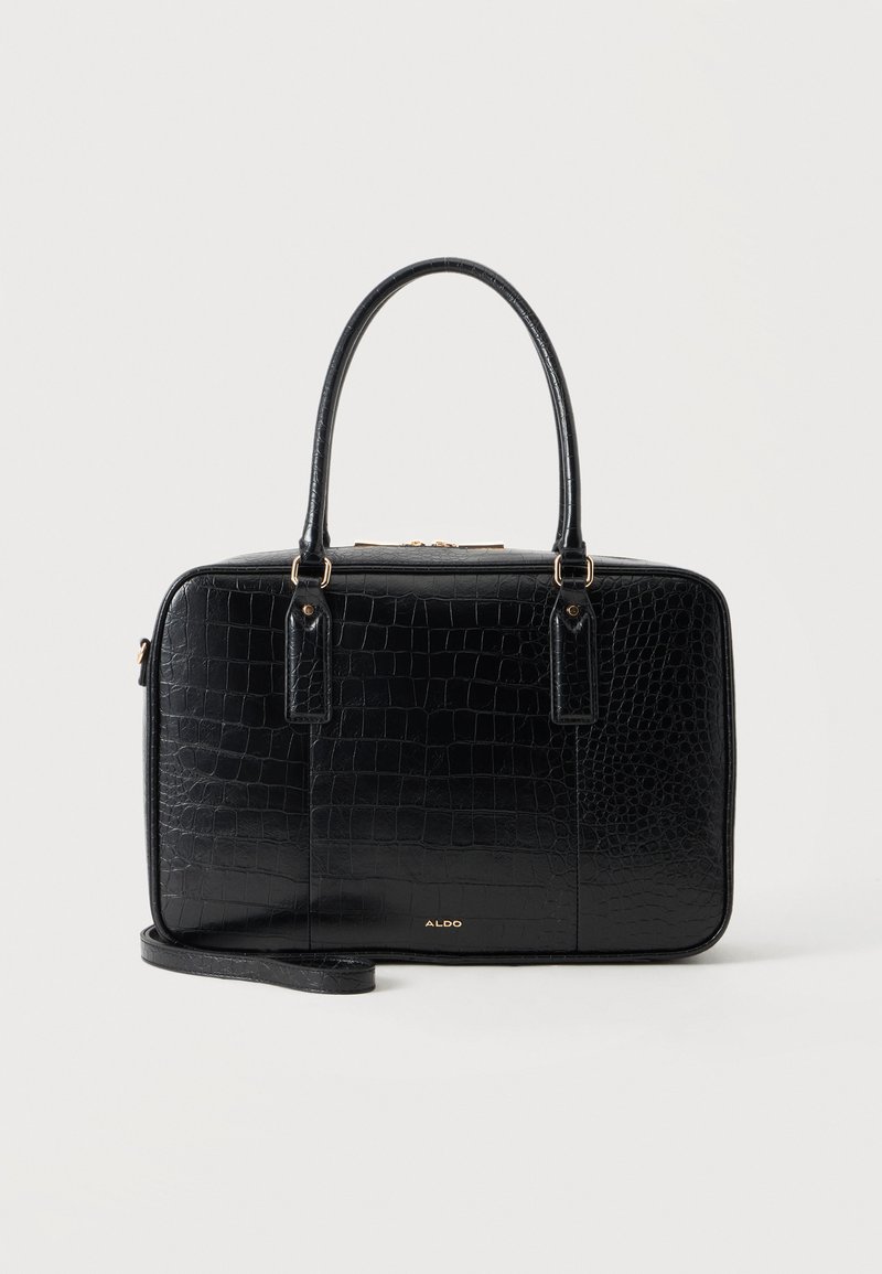 Sac à main rectangulaire noir avec texture crocodile, deux poignées supérieures, petit logo doré ALDO et bandoulière amovible sur fond blanc.