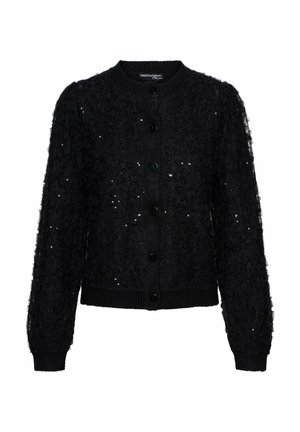 Zwarte cardigan met een textuur van bloemenpatroon, lange mouwen, ronde hals en knoopsluiting in een iets getailleerde pasvorm.