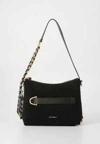 Black suede handbag with leather accents, a chain strap, and a zip closure. Features a front strap detail and branding in white.