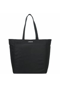Zwarte tote bag van nylon met twee lange handvatten, met een eenvoudige rechthoekige vorm en een logo aan de voorkant. Geen zichtbare patronen.