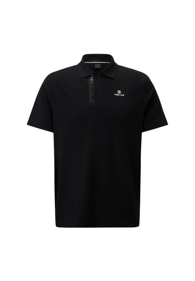 Black polo shirt made of cotton, featuring a buttoned collar, short sleeves, and a white logo on the left chest with branded detailing on the collar.