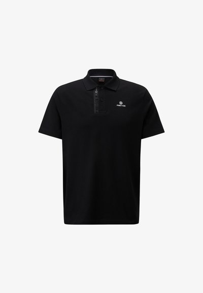 Black polo shirt made of cotton, featuring a buttoned collar, short sleeves, and a white logo on the left chest with branded detailing on the collar.