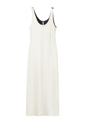 Vestido largo blanco sin mangas con forro interior negro visible en el escote y las tiras, silueta sencilla y ajustada.
