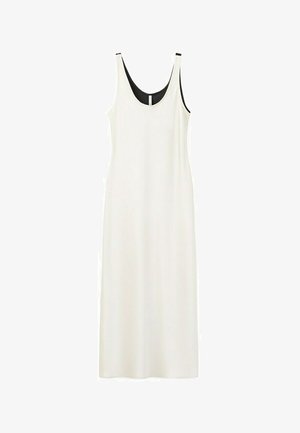 Weißes ärmelloses Maxikleid mit schwarzer Innenfütterung, die am Ausschnitt und den Trägern sichtbar ist, schlichte undfigurbetonte Silhouette.