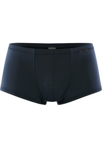 Black boxer briefs made from a smooth, stretchy material, featuring subtle horizontal stripes and a mid-rise waistband with a small logo accent.