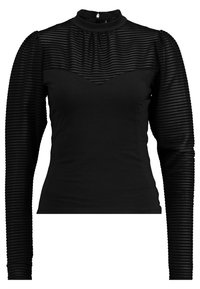 Schwarzes Oberteil mit hohem Kragen und langen Ärmeln. Der Körper besteht aus einfarbigem Stoff, während die Ärmel ein strukturiertes Streifenmuster aufweisen.