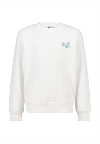 Felpa bianca con maniche lunghe, collo a giro e polsini a costine. Presenta un design grafico azzurro chiaro nella zona sinistra del petto.