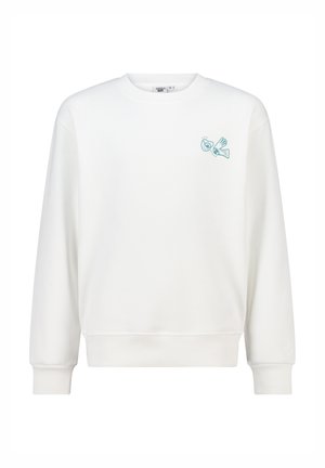 White sweatshirt with long sleeves, crew neck, and ribbed cuffs. Features a light blue graphic design on the left chest area.