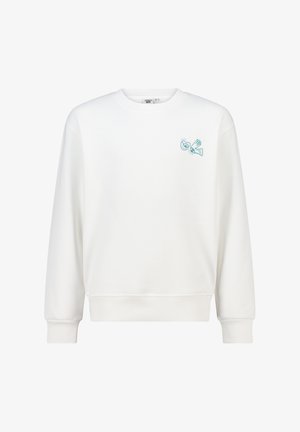Sudadera blanca de manga larga, con cuello redondo y puños acanalados. Presenta un diseño gráfico en color azul claro en la parte izquierda del pecho.