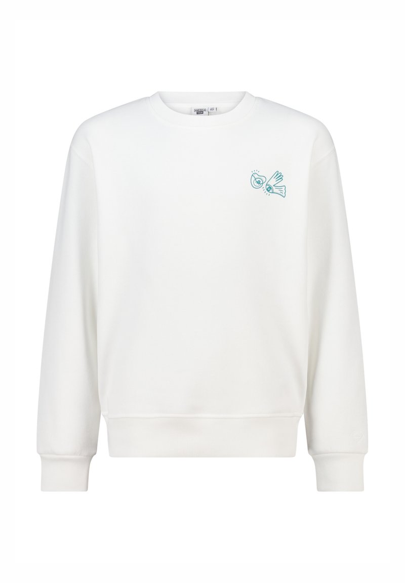 Felpa bianca con maniche lunghe, collo a giro e polsini a costine. Presenta un design grafico azzurro chiaro nella zona sinistra del petto.