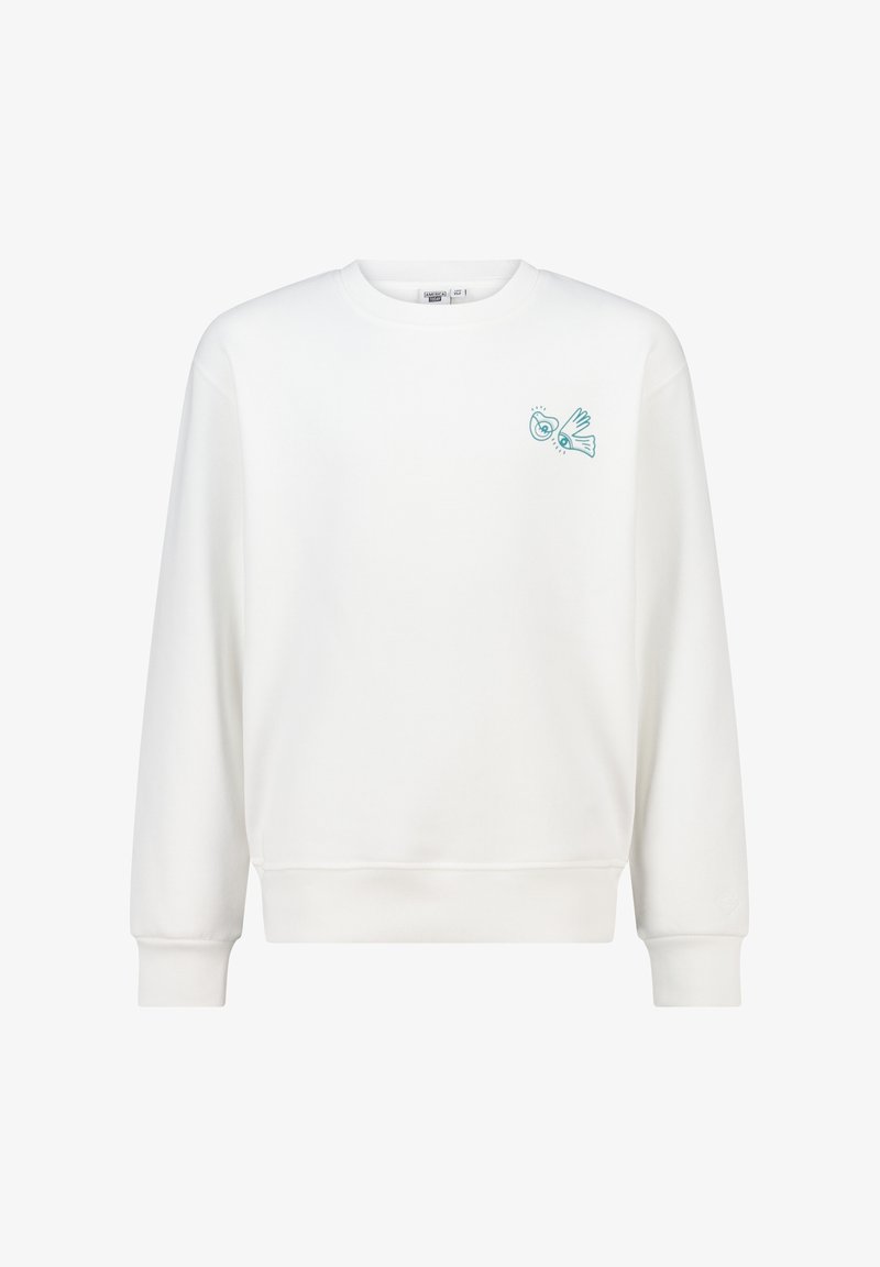 Felpa bianca con maniche lunghe, collo a giro e polsini a costine. Presenta un design grafico azzurro chiaro nella zona sinistra del petto.