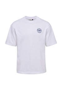 White cotton t-shirt with short sleeves, round neckline, and a blue embroidered logo on the left chest. Smooth texture, standard fit.
