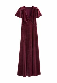 Langes burgunderrotes Samtkleid mit kurzen, flatterhaften Ärmeln und einem tiefen V-Ausschnitt, tailliert und bodenlang.