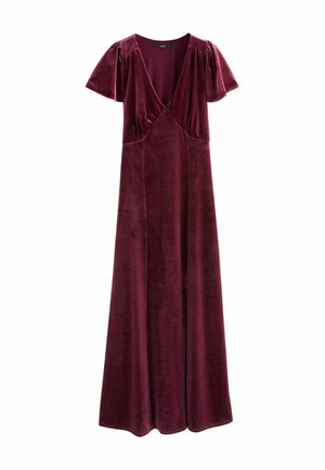 Langes burgunderrotes Samtkleid mit kurzen, flatterhaften Ärmeln und einem tiefen V-Ausschnitt, tailliert und bodenlang.