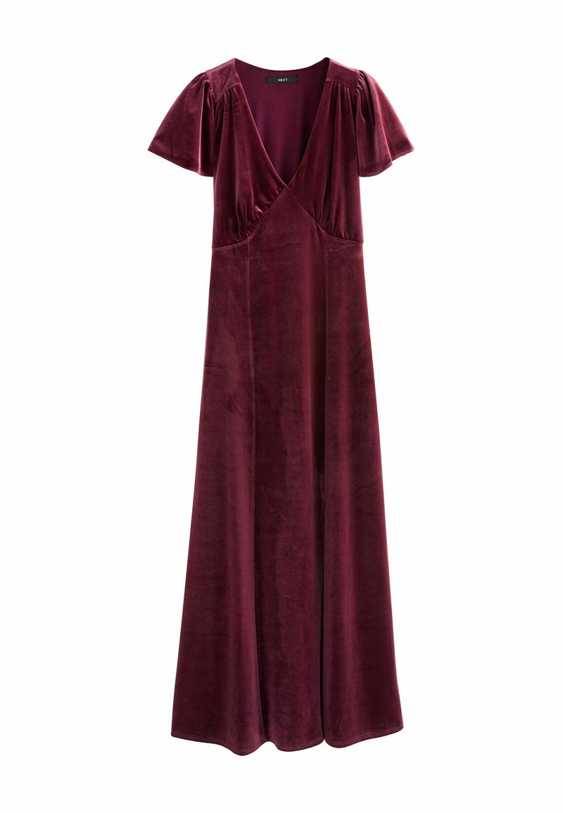 Langes burgunderrotes Samtkleid mit kurzen, flatterhaften Ärmeln und einem tiefen V-Ausschnitt, tailliert und bodenlang.