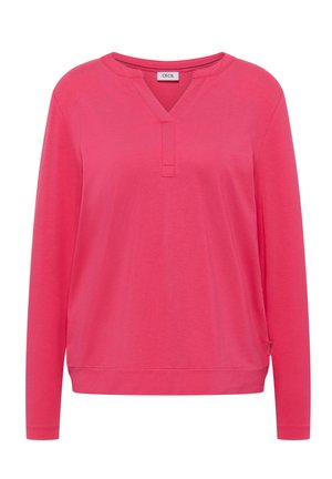 Fuksjowy long-sleeve top z dekoltem w kształcie litery V, listwą z pojedynczym guzikiem i luźnym fasonem. Miękka tkanina o gładkiej fakturze.