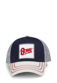 Navy baseball cap with gray mesh sides, featuring a white patch with red "Bowie" text and red stitched accents on the brim.