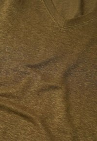 Bruine V-hals T-shirt gemaakt van zachte, gestructureerde stof met een subtiele heatherpatroon. Toon lichte kreukels, wat de ontspannen uitstraling benadrukt.