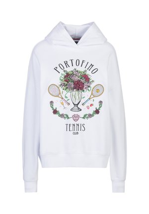 Sweat à capuche blanc avec un bouquet de fleurs dans un vase, deux raquettes de tennis, des roses, et le texte "Portofino Tennis Club" sur le devant.