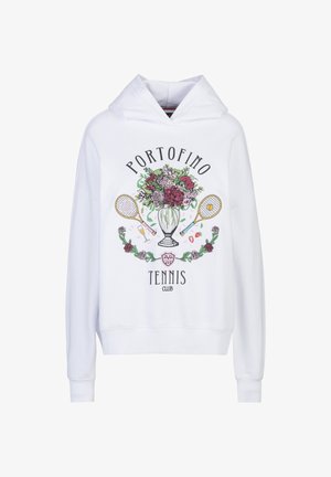 Weißer Hoodie mit einem Blumenstrauß in einer Vase, zwei Tennisschlägern, Rosen und dem Text "Portofino Tennis Club" auf der Vorderseite.