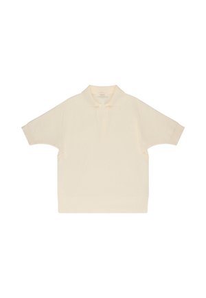 Kremowa, krótka dzianinowa koszulka polo z prążkowanymi mankietami, kołnierzykiem i częściowym zapięciem na guziki z przodu.