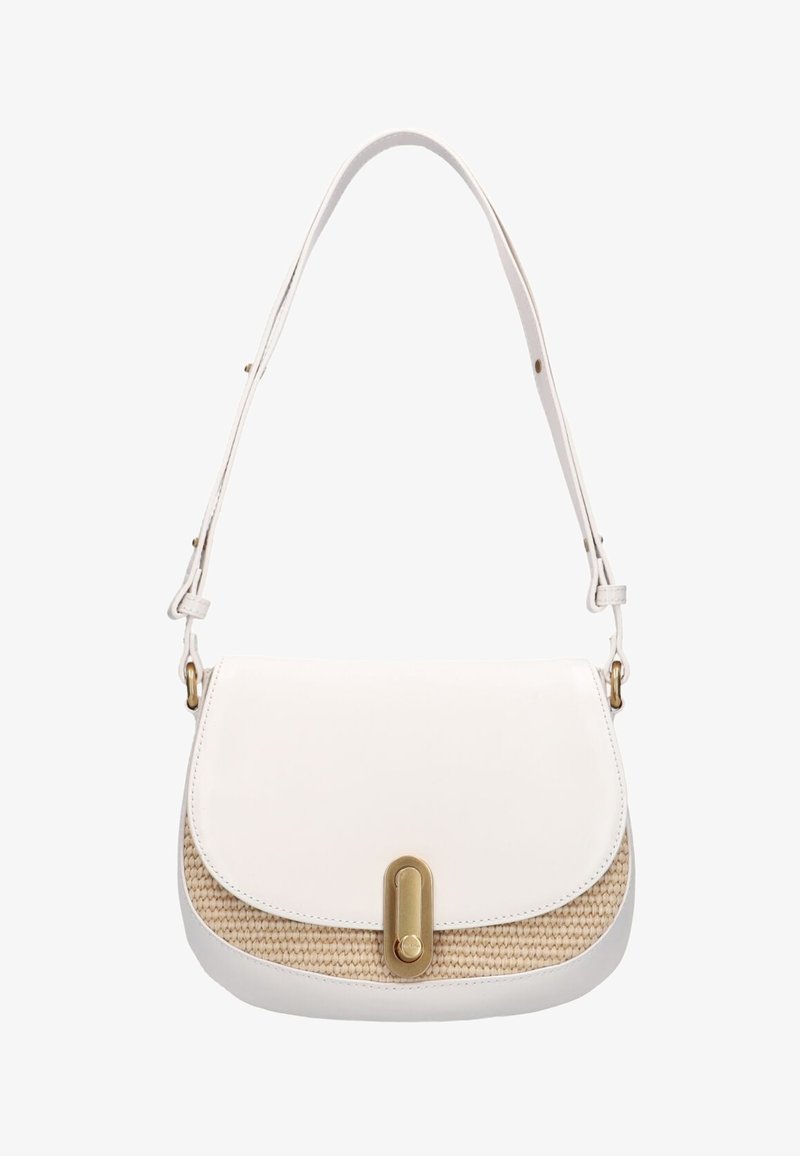 Sac à épaule en cuir blanc avec panneau avant tissé beige et fermoir vertical doré, bandoulière réglable avec ferrures dorées.